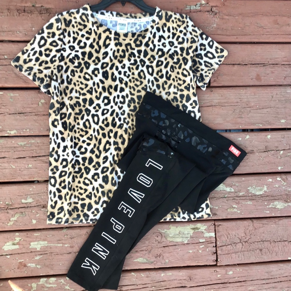 PINK Victorias Secret Cheetah Tee RARE LeggingsSet